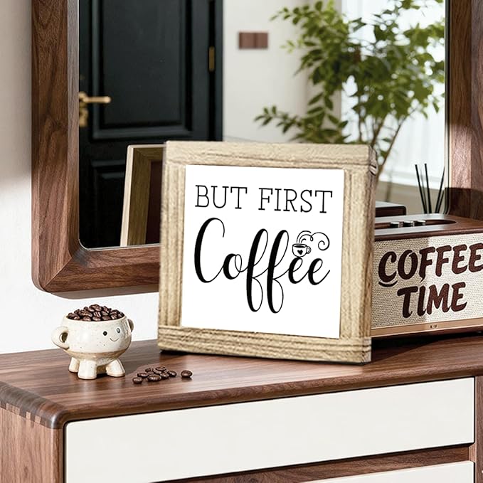 Wood Coffee sign But First Coffee Humorous Coffees Plaque Handmade Wooden Sign For Home Office Kitchen Decoration Rustic Cafe Bar Decor Funny Wall Art Ideal Gift For Coffees Lover 5.9x5.9 inches