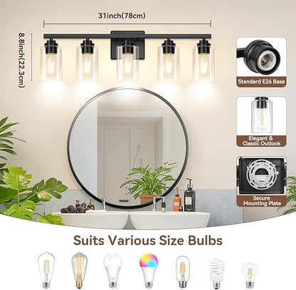 5-Light Matte Black Bathroom Light Fixtures, 31" Modern Vanity Lighting Fixture for Bathroom, Bathroom Vanity Lights Over Mirror with Clear Glass Shades, Wall Lamp for Mirror Living Room Bedroom Porch