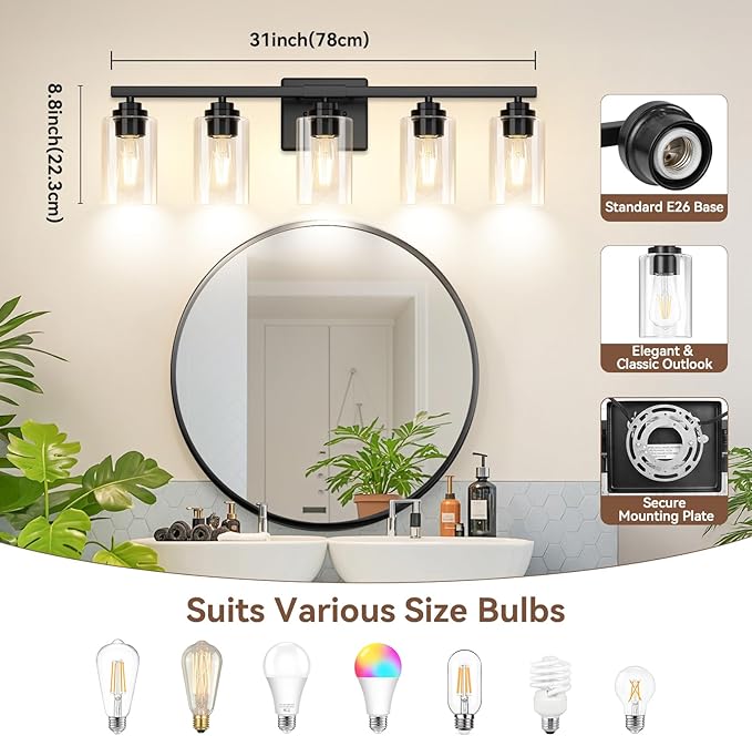5-Light Matte Black Bathroom Light Fixtures, 31