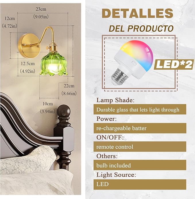 Battery Operated Wall Sconce with Green Glass Shade, Modern Wall Lamp Fixtures Decor Set of 2, Rechargeable Battery Powered Wall Light with Remote Control for Bedside, Bedroom, Doorway