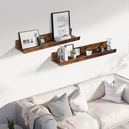 Muzilife 24" Small Floating Wall Ledge Shelves with Lip - Set of 2 Wood Floating Shelves - Honey Brown Wall Mounted Picture Ledge for Office, Bathroom, Bedroom, Living Room, Kitchen