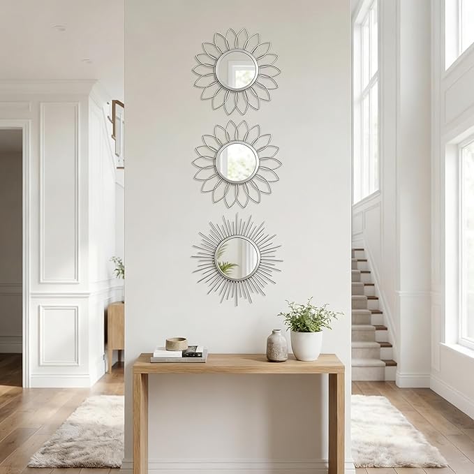 Boho Sunburst Wall Mirror Set of 3, 12 Inch Round Antique & Modern Metal Wall Art, Hanging Over The Door Mirrors for Wall Decor in Living Room, Bedroom, Bathroom, Entryway（Sliver）