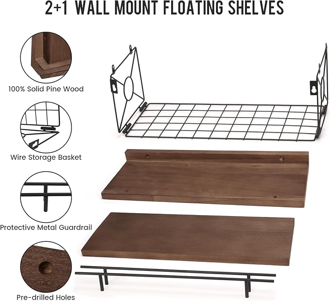 Floating Shelves for Wall, Floating Shelf for Wall Décor Set of 3, Bathroom Floating Shelves with Metal Toilet Paper Holder for Bathroom, Bedroom, Living Room, Kitchen, Office (Brown)