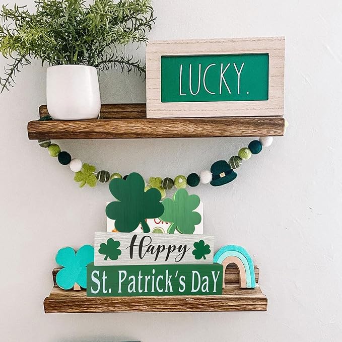 Happy St. Patrick's Day Table Decor Shamrock Home Office Wooden Table Top Decor Centerpiece Decorations for Tiered Trays Shelf Coffee Bar Mantle Windowsill