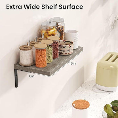 Marsmiles Extra Wide Floating Shelves for Wall, 16x8 Inch Natural Wood Grain Bookshelves, Heavy Duty Mounted Shelving for Bathroom, Kitchen, Living Room, Bedroom,Set of 2，Grey