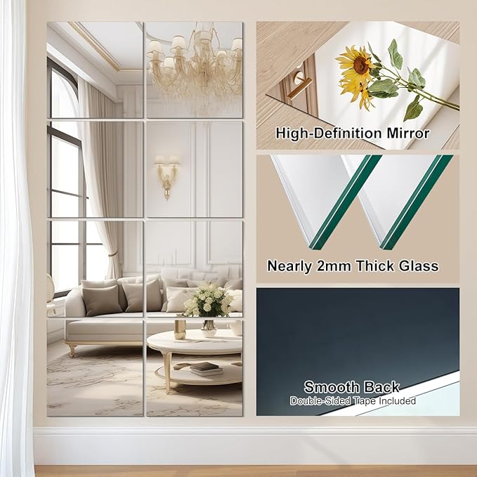 Vlush Adhesive Mirror Tiles 12'' x 12'' x 10PCS Home Gym Decor Full Body & Full Length Mirrors Wall Mounted Mirrors Decorative for Home Gym, Door, Bedroom & Bathroom