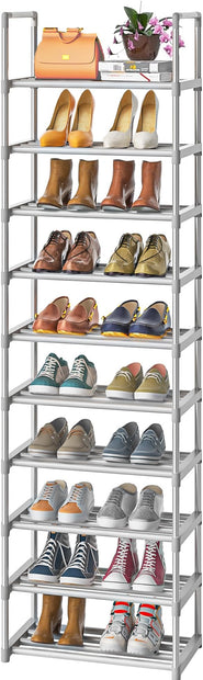 OYREL 10-Tier Metal Shoe Rack, Narrow Shoe Rack Organizer, Sturdy Shoe Shelf for Closets, Entryway, Bedroom, Garage - Silver