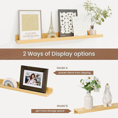 Picture Ledge Shelf, Solid Pine Wood Floating Shelves Set of 2, 24 Inches Nursery Book Shelves for Toys Storage, Kids Bookshelf Wall Mounted for Living Room Bedroom Decor Books Photo Frames, Natural
