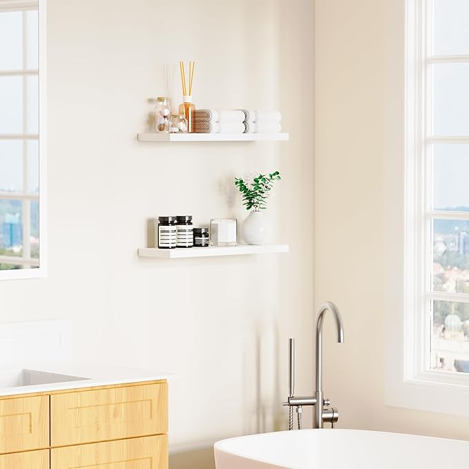 Floating Shelves for Wall, White Wood Wall Shelf Set of 2, 24" Wall Mounted Floating Shelf for Kitchen, Living Room, Bedroom, Bathroom Storage, Book Shelf for Walls Home Decor, Frame Display