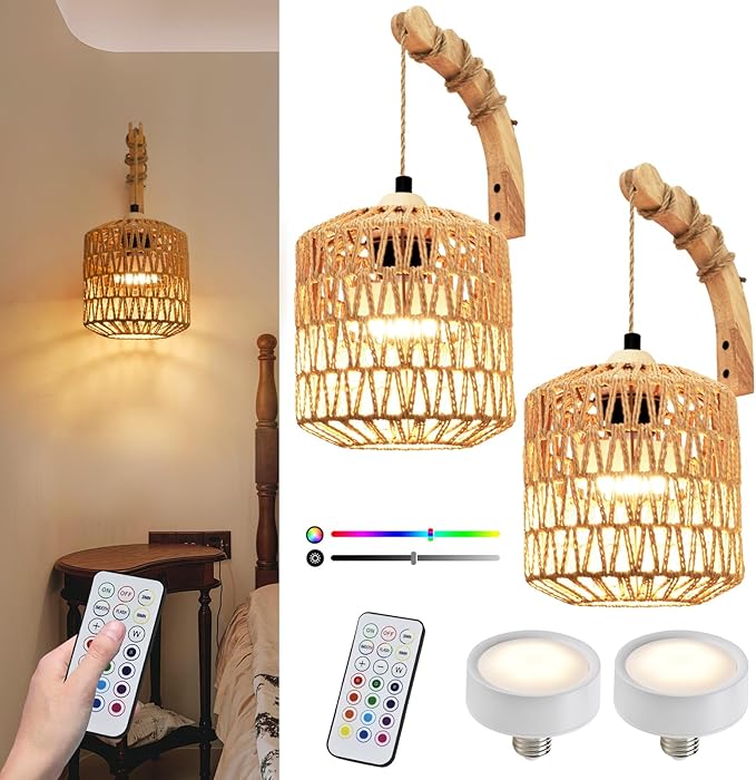 Battery Operated Wall Sconce Set of Two, Rattan Wall Sconces with Remote RGB 15 Colors Dimmable, Farmhouse Boho Wall Lights for Bedroom Living Room Entryway