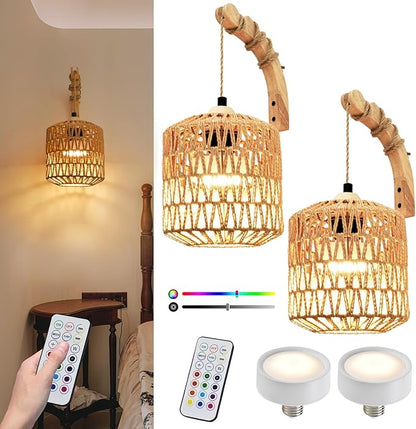 Battery Operated Wall Sconce Set of Two, Rattan Wall Sconces with Remote RGB 15 Colors Dimmable, Farmhouse Boho Wall Lights for Bedroom Living Room Entryway
