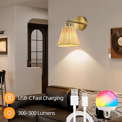 Battery Operated Wall Sconce Set of Two, Rechargeable Wall Sconces with Remote RGB 15 Colors Dimmable, Farmhouse Boho Wall Lights for Bedroom Living Room Entryway