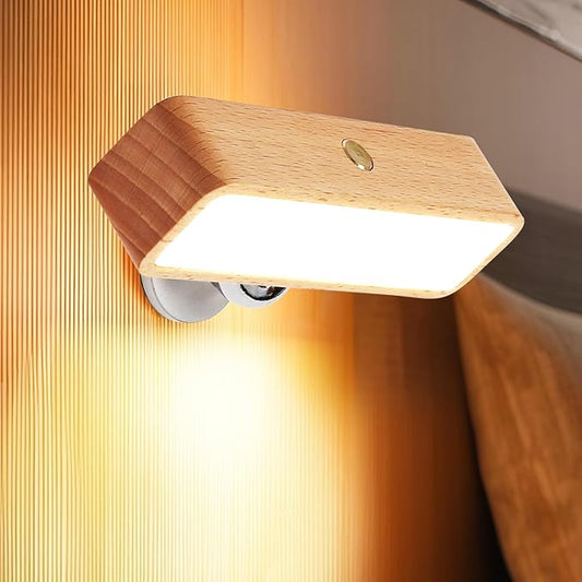 Wood Wall Sconces Battery Operated, Rechargeable Wall Lights Battery Operated, Stick On Wall Mounted lamp Bedside Reading for Bedroom, Stepless Dimmable Wall Lamps for Living Room