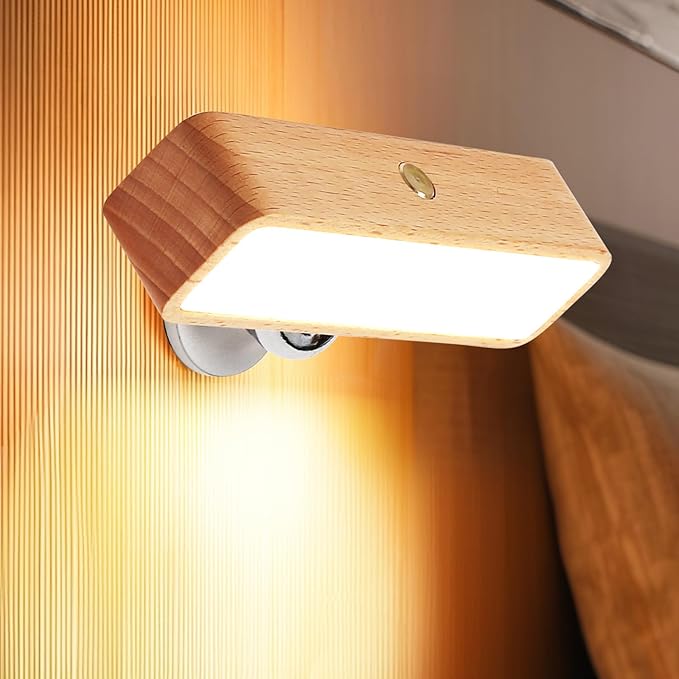 Wood Wall Sconces Battery Operated, Rechargeable Wall Lights Battery Operated, Stick On Wall Mounted lamp Bedside Reading for Bedroom, Stepless Dimmable Wall Lamps for Living Room
