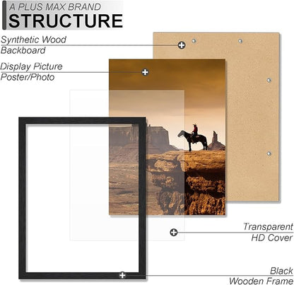 A PLUS MAX 11x14 Picture Frame Set of 4, Black Engineered Wood Frame for 11 x 14 Inch Picture Poster Photo, Light Weight 11 by 14 Frame with Wood-grain for Wall - 4 Pack/Black/11 x14