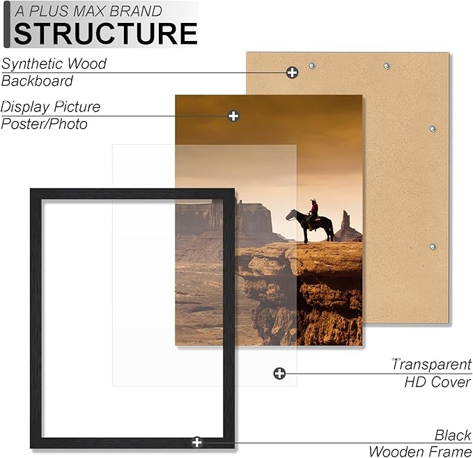 A PLUS MAX 11x14 Picture Frame Set of 3, Black Engineered Wood Frame for 11 x 14 Inch Picture Poster Photo, Light Weight 11 by 14 Frame with Wood-grain for Wall - 3 Pack/Black/11 x14