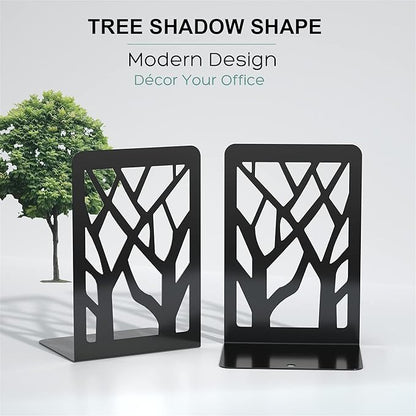 MaxGear Book Ends Tree Design Modern Bookends for Shelves, Non-Skid Bookend, Heavy Duty Metal Book Stopper for Books/CDs, Decorative Books Shelf for Home,7 x 4.7 x 3.5”, Black, 3 Pair/6 Pieces, Large