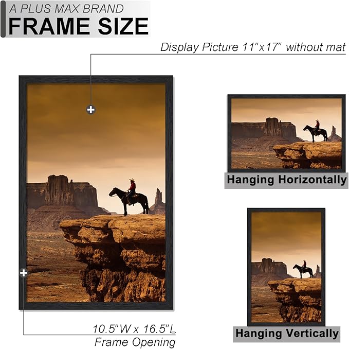 A PLUS MAX 11x17 Picture Frame Set of 3, Black Engineered Wood Frame for 11 x 17 Inch Picture Poster Photo, Light Weight 11 by 17 Frame with Wood-grain for Wall - 3 Pack/Black/11 x17