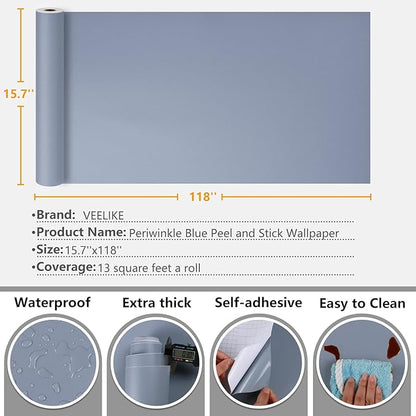 VEELIKE 15.7''x118'' Thick Periwinkle Blue Wallpaper Peel and Stick Removable Light Blue Contact Paper for Cabinets Walls Shelves Waterproof Self Adhesive Temporary Wall Paper for Bedroom Bathroom