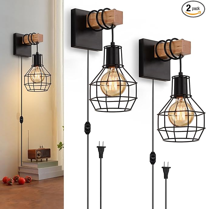 Lightess Plug in Wall Sconces Set of 2, Industrial Wall Mount Light Fixture with ON/Off Dimmable Switch Cord, Black Rustic Wall Lighting for Bedroom Living Room, Bulb Not Included