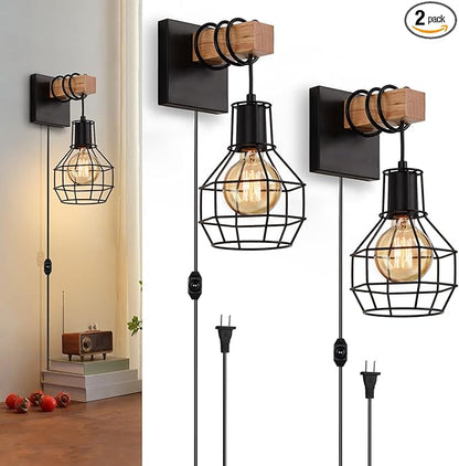 Lightess Plug in Wall Sconces Set of 2, Industrial Wall Mount Light Fixture with ON/Off Dimmable Switch Cord, Black Rustic Wall Lighting for Bedroom Living Room, Bulb Not Included