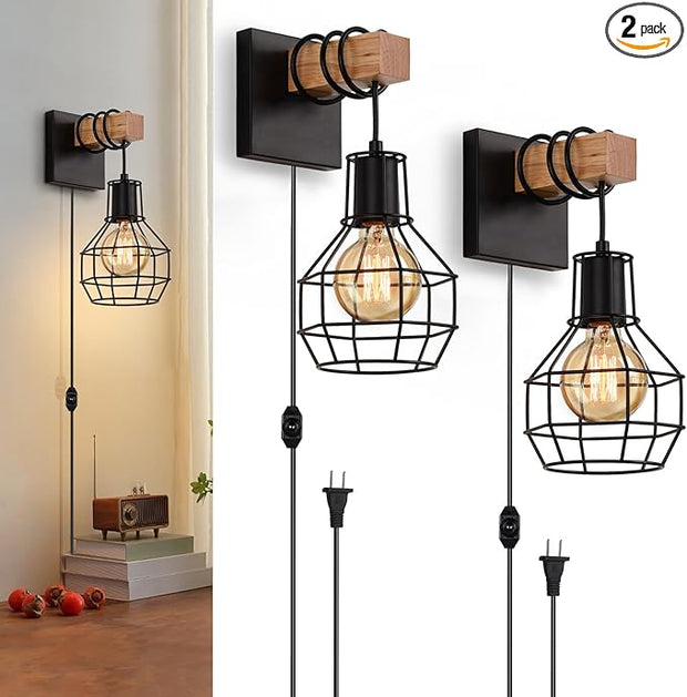 Lightess Plug in Wall Sconces Set of 2, Industrial Wall Mount Light Fixture with ON/Off Dimmable Switch Cord, Black Rustic Wall Lighting for Bedroom Living Room, Bulb Not Included