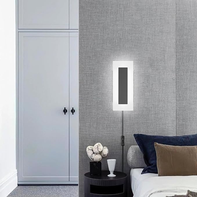 LMQNINE Modern Plug in Wall Sconces Set of Two 9W 6000K Acrylic Black Wall Sconce Wall Lighting with 6ft Plug in Cord and On/Off Switch for Bedroom Living Room Hallway Staircase Corridor