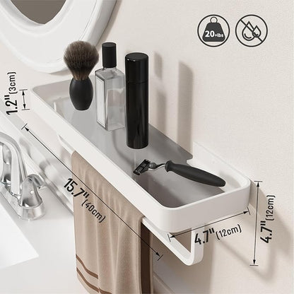 Danpoo 16 Inch Long Floating Bathroom Shelf with Towel Bar, Clear Tempered Glass Wall Shelf with Hand Towel Holder for Bathroom Storage Organizer, Matte White