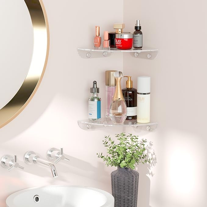 7x7 Inch Corner Shelf Wall Mount Set of 2, Acrylic Corner Floating Shelves, Clear Corner Wall Organizer Shelf for Bathroom, Kitchen, Bedroom, Living Room, Dining Room, Office