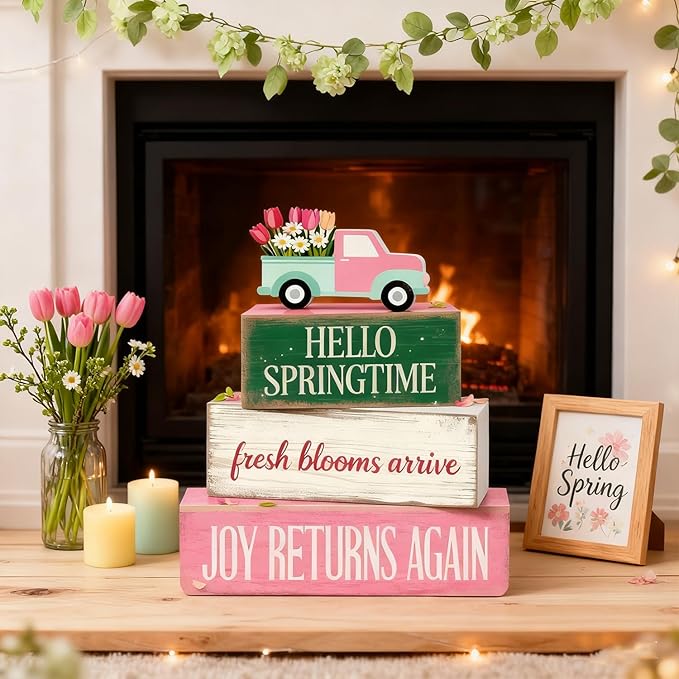Spring Decoration Wooden Tiered Tray Decor – Floral Spring Truck Stacked Block Sign with Tulip Pickup Topper – Farmhouse Tabletop Spring Decor for Living Room Shelf Seasonal Home Display
