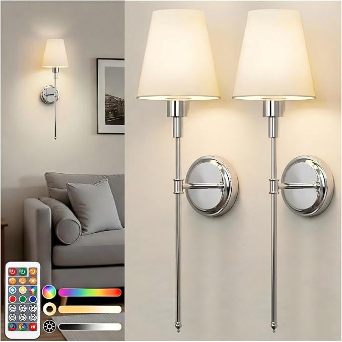 DORESshop Battery Operated Wall Sconce Set of 2, Wireless Wall Light Easy to Install, 7 Color Rechargeable Wall Sconces, Sconce Wall Decor Set of 2 for Bedroom, Living Room, Chrome, 24.6in