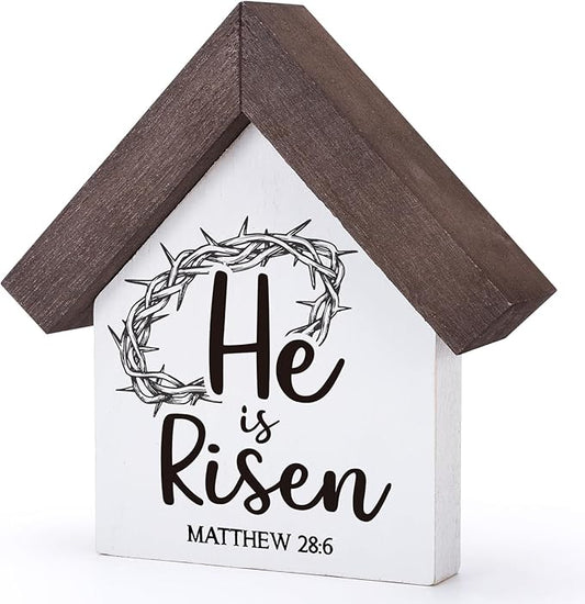MBL Christian Easter Decor Decorations - Wood He Is Risen Sign Bible Verse Religious Easter Basket Stuffers Essentials Rustic Table Home Living Room Bedroom Shelf Tiered Tray for Women Men Teen Adults