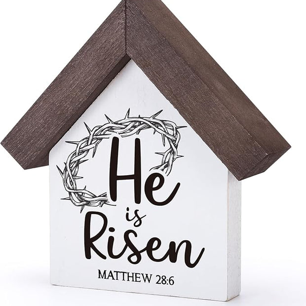 MBL Christian Easter Decor Decorations - Wood He Is Risen Sign Bible Verse Religious Easter Basket Stuffers Essentials Rustic Table Home Living Room Bedroom Shelf Tiered Tray for Women Men Teen Adults