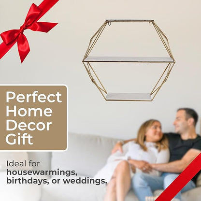Geometric Decorative Wall Shelf with Gold Finish – 3-Tier Metal & Wood Home Decor Floating Display Shelf – Modern Wall Shelves for Bathroom, Bedroom & Living Room – 24"