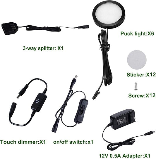AIBOO Under Cabinet LED Black Cover Puck Lighting Kit with Touch Dimmer Switch for Kitchen Cupboard Closet Lighting (6 Lights,Daylight White)