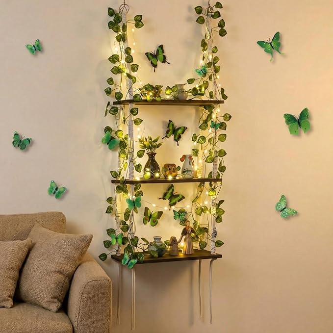 Novabright 3 Tier Macrame Wall Hanging Shelves with Artificial Ivy Leaves and Light, 36 3D Green Butterfly Wall Stickers, Wooden Floating Hanging Storage Shelves for Forest Room Decor