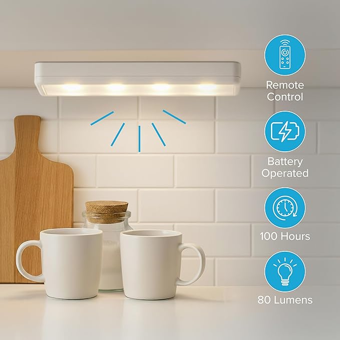 Brilliant Evolution Wireless LED Under Counter Lights with 2 Remote Controls - 6-Pack Battery Operated Under Cabinet Lighting Fixtures - Stick On Push Lights with Timer - Warm White, 8.5" x 2" x 0.6"