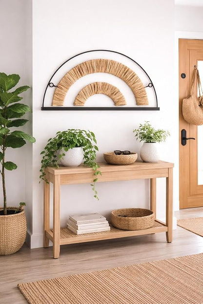 Urban Lifestyle Boho Rainbow Floating Wall Shelf, Arched Woven Wood Shelf with Metal Frame, Modern Natural Wall Décor