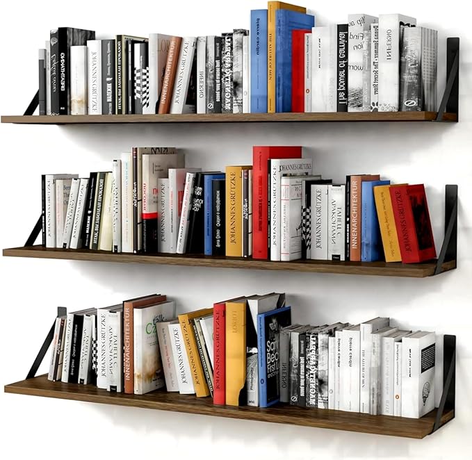 Forbena Floating Book Shelves for Wall Set of 3, 36 Inches Long Wall Bookshelf for Bedroom, Large Wood Heavy Duty Hanging Bookshelves for Books, Living Room Decor, Closet Storage (Rustic Brown)