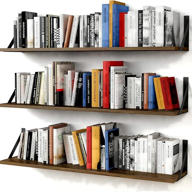 Forbena Floating Book Shelves for Wall Set of 3, 36 Inches Long Wall Bookshelf for Bedroom, Large Wood Heavy Duty Hanging Bookshelves for Books, Living Room Decor, Closet Storage (Rustic Brown)