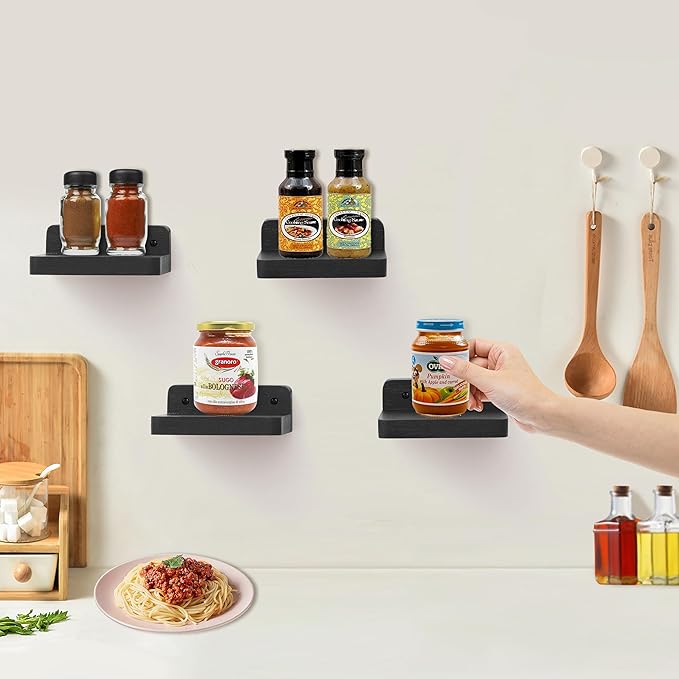 Small Floating Shelf, 4x4 Inch Display Ledges for Wall,Mini Shelves,Rustic Wood Shelf for Bedroom Living Room Bathroom Kitchen (4, Black)