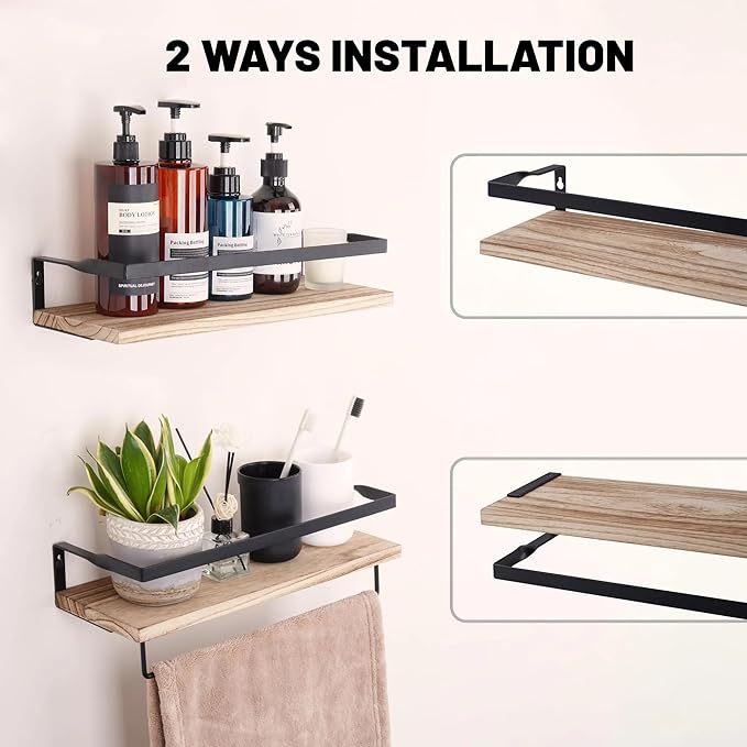 Elevon Floating Shelves for Bathroom Organizer Over Toilet, Bathroom Shelves Wall Mounted with Towel Rack, Corner Wall Shelf for Bedroom Decor Kitchen Storage (Brown, Set of 2)