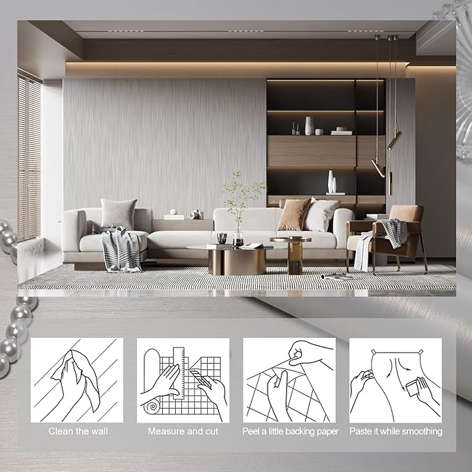 wishFIRE Grey Peel and Stick Wallpaper 15.7"×1180" Metallic Textured Contact Paper Modern Waterproof Wallpaper Removable Self Adhesive Vinyl DIY Decor Wall Paper for Bedroom Kitchen Cabinets Fridge