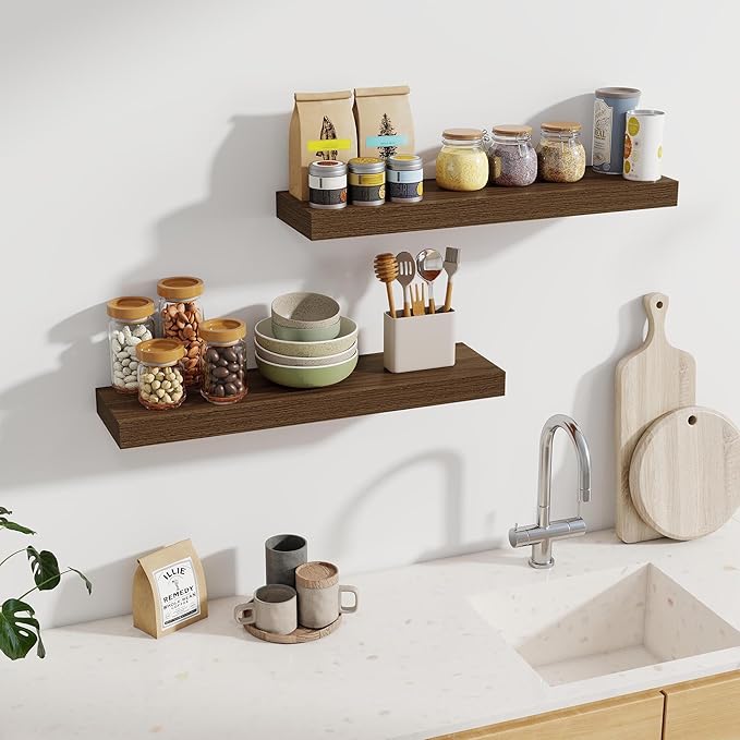 Fun Memories 30Inch Floating Shelves for Wall, 2 Pack Rustic Wood Shelves for Bathroom|Kitchen Wall Mounted Floating Shelf with Invisible Brackets for Books|Storage|Decor,Walnut