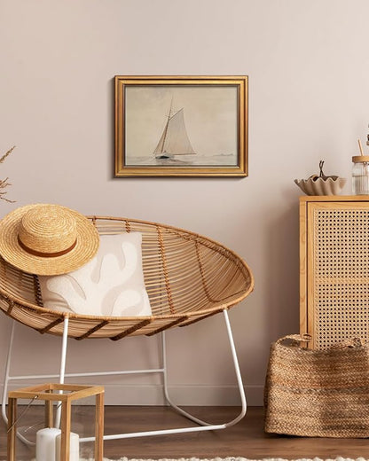 HUARCEY Gold Framed Vintage Wall Art for Living Room, Seaview Painting Prints Shelf Decor for Kitchen, Aesthetic Bedroom Wall Art, Christmas Gifts for Friends or Family (White Sailboat - 12"x16")