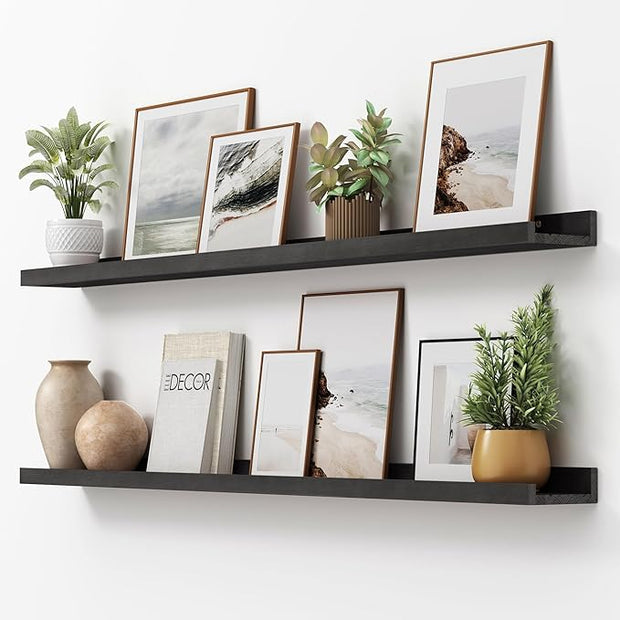 Picture Ledge Shelf, Floating Shelves Set of 2, Solid Ash Wood 56'' Long Large Nursery Book Shelves for Toys Storage, Kids Bookshelf for Living Room Bedroom Decor Books Photo Frames, Black