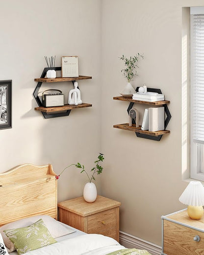 Hexagon Floating Shelves for Wall, Set of 2, 2 -Tier Hanging Shelves, Wall Mounted Storage Shelves, for Living Room, Bedroom, Kitchen, Home Office, Study, Rustic Brown and Black TBJ06P2BF