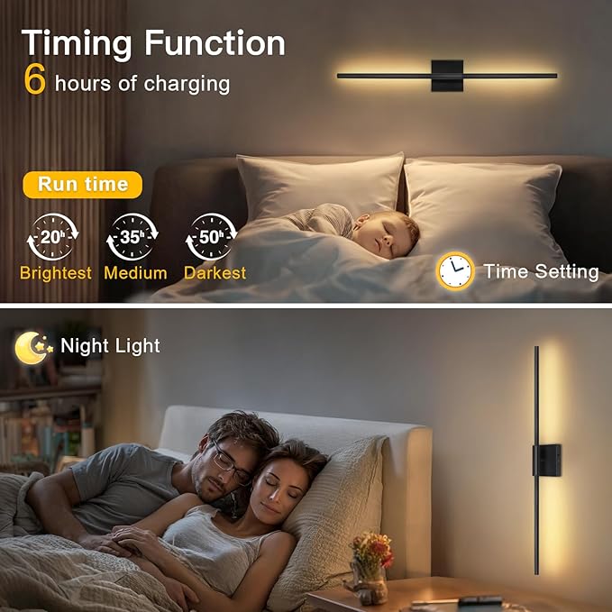 Battery Operated Wall Sconces Set of Two, Battery Wall Sconce with Remote Control, Black Modern LED Rechargeable Sconces, Wall Lights for Bedroom, Living Room, 2Pack, 31.5Inch