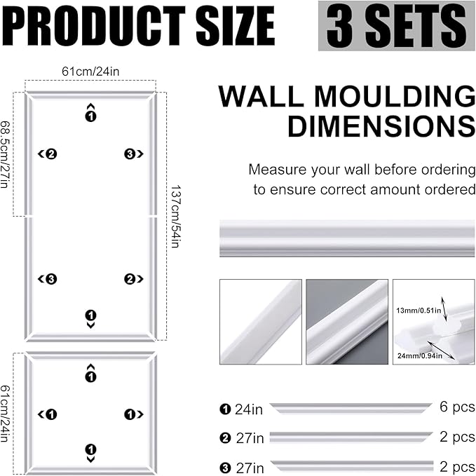 Pangda 3 Set Peel and Stick Wall Molding Kit, 3D Premade Accent Molding Wainscoting Panel for Interior Wall Moulding Decor, Ready to Assemble Wainscoting Accent Panel (24 x 54in)