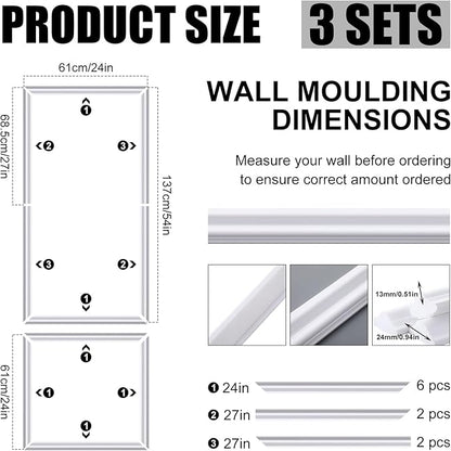 Pangda 3 Set Peel and Stick Wall Molding Kit, 3D Premade Accent Molding Wainscoting Panel for Interior Wall Moulding Decor, Ready to Assemble Wainscoting Accent Panel (24 x 54in)